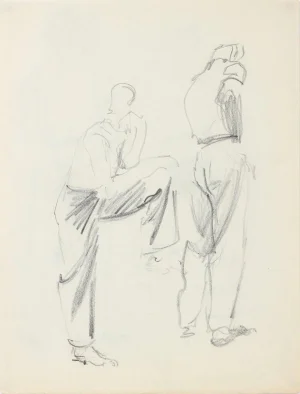 Double-Sided Stylized Sketch of Two Male Figures 1940-50s Graphite