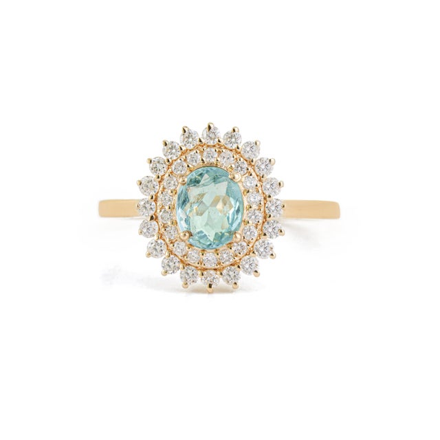 VR Jewels 14k Yellow Gold 1.18 Ct Oval Paraiba Tourmaline & Diamond Double Halo Ring Size 7 For Sale - Image 4 of 18