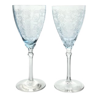1930s Fostoria “Versailles, Blue” Pair of Water Glasses For Sale