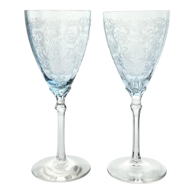 1930s Fostoria “Versailles, Blue” Pair of Water Glasses For Sale