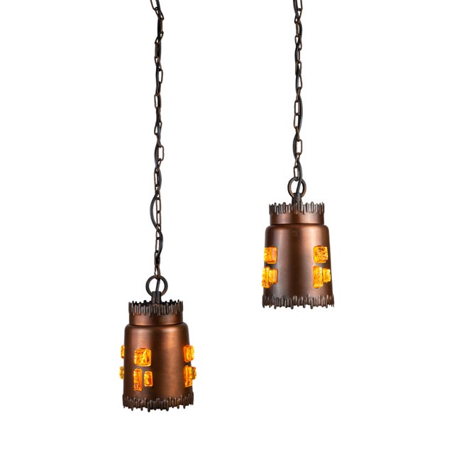 Pendants in Brass and Amber Glass by Josef Brumberg for JBS Leuchten, 1970s, Set of 2 For Sale
