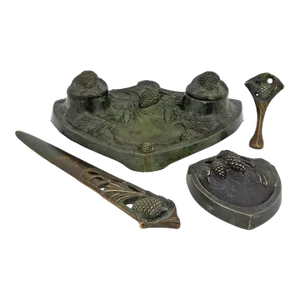 Early 20th Century Art Deco Desk Set Inkstand Wax Seal Letter Opener Bowl French Sculptor Bronze Signed Frecourt - Set of 4