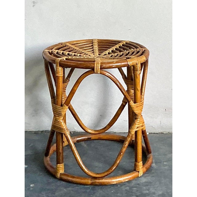 Vintage Boho Bent Rattan Low Stool For Sale - Image 9 of 10