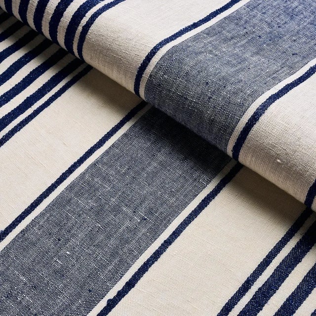 Schumacher Sample - Schumacher Summerville Linen Stripe Fabric in Navy For Sale - Image 4 of 4