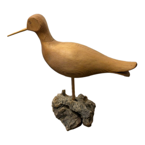 Vintage Hand Carved Wooden Shorebird on Driftwood, Folk Art