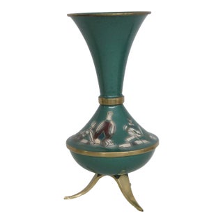 Mid Century Green Enameled Brass Tripod Vase Made in Israel Figural Motif 5002b For Sale