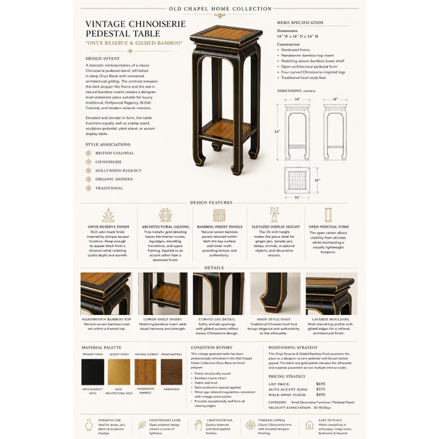 VINTAGE CHINOISERIE PEDESTAL TABLE IN ONYX RESERVE & ARCHITECTURAL GOLD WITH BAMBOO INSETS MOBILE-READY DESCRIPTION A...
