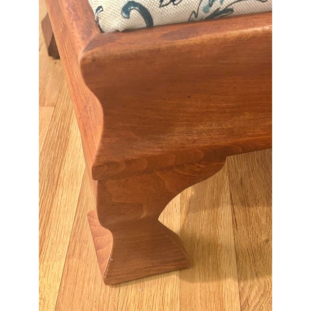 Vintage Empire Style Maple Footstool With Blue and White Linen Upholstery For Sale - Image 9 of 12