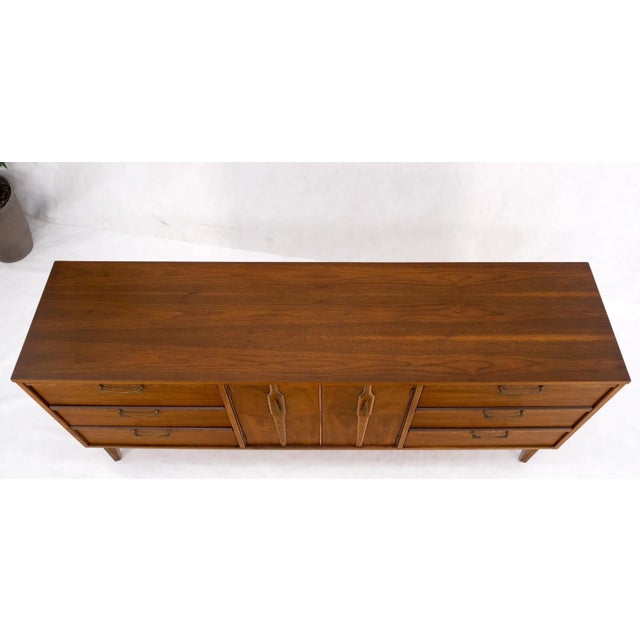Mid-Century Modern Long Walnut 9 Drawers Two Doors Mid-Century Modern Dresser Credenza Burl Accents For Sale - Image 3 of 13
