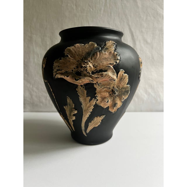 Art Deco Tiffin Black Amethyst Satin Glass Vase With Coralene Poppies, Circa 1930s For Sale - Image 3 of 12