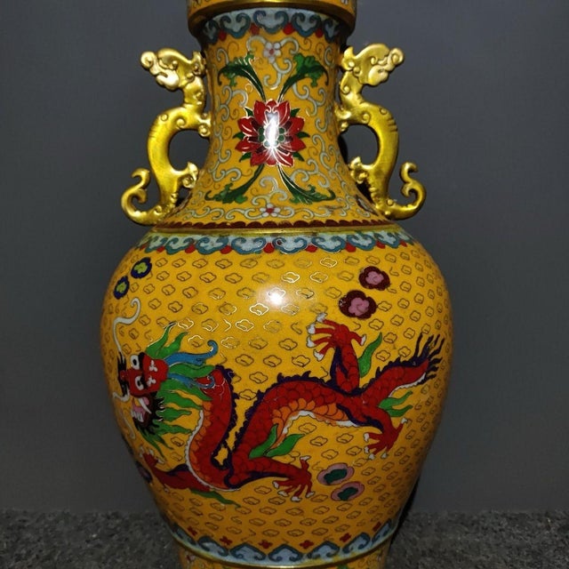 Pair of Monumental Chinese Yellow Cloisonné Dragon & Phoenix Vases - 24.7 LBS Total For Sale - Image 4 of 10