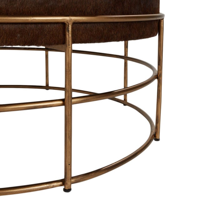 Metal Bronze Iron & Cow Hide Round Ottoman For Sale - Image 7 of 7