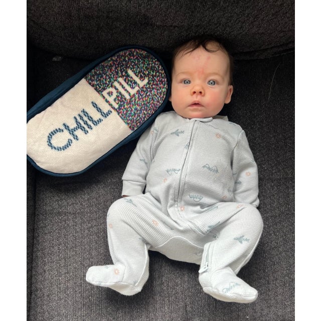 Not Yet Made - Made To Order Original "Chill Pill" Sculpted Blue Velvet Pillow, Custom Made Original Design For Sale - Image 5 of 6