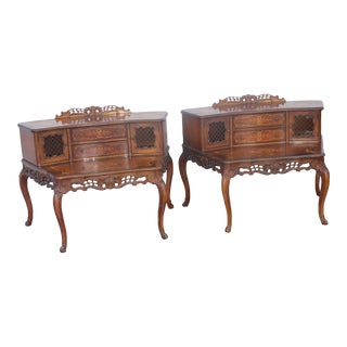 1940s Louis XVI Style French Provincial Marquetry Inlay Step Nightstands - Set of 2 For Sale