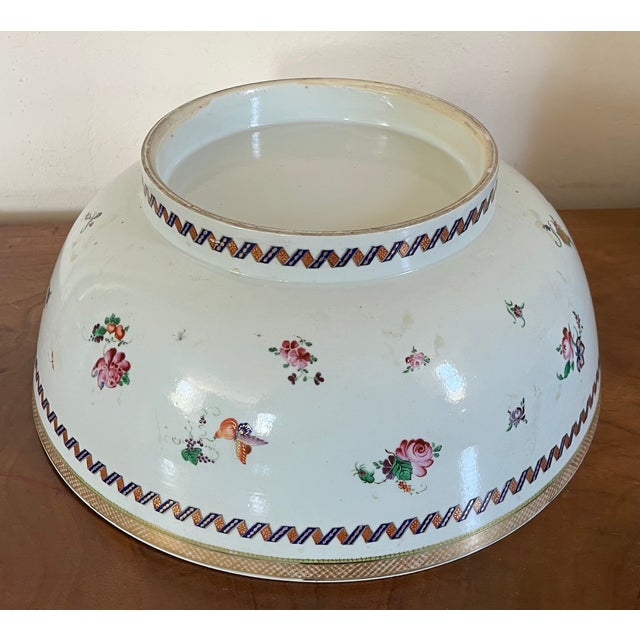 Large Antique 18th Century Chinese Export Famille Rose Porcelain Punch Bowl Decorated With Flowers, Fruit and Butterflies For Sale - Image 11 of 12