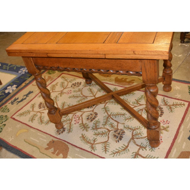 Early 1900’s English Oak Barley Twist Draw - Leaf Dining Pub / Tavern Extending Table For Sale - Image 11 of 16
