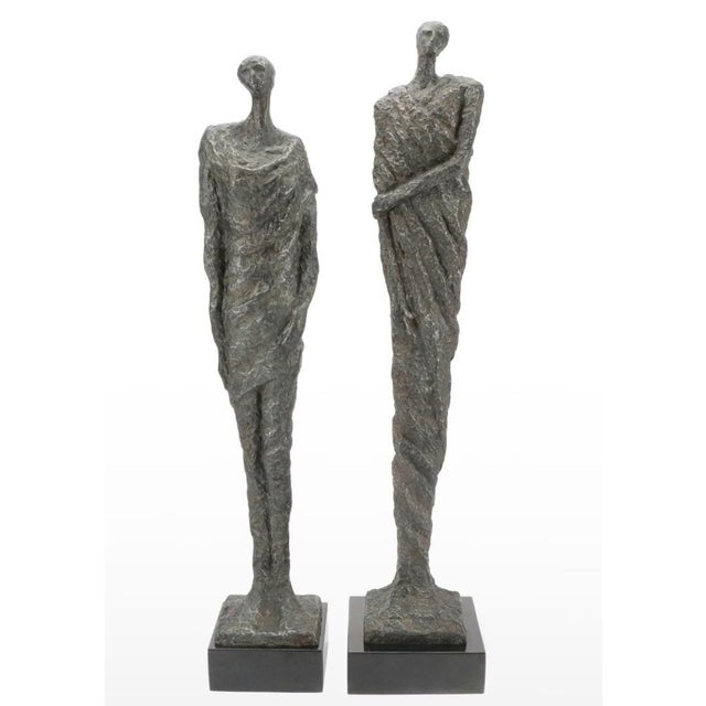 Slate Gray Pair of Vintage Brutalist Style Patinated Bronze Tall Figures After Alberto Giacometti For Sale - Image 8 of 12