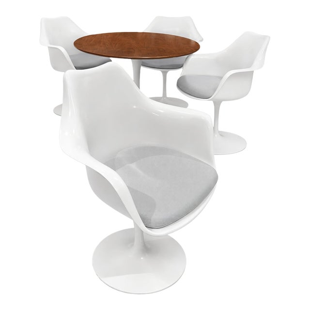 Mid-Century Modern Tulip Dining Set · 4 White Tulip Chairs + Oval Pedestal Table For Sale