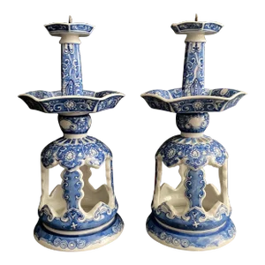 Vintage Pair of Chinese Pierced Porcelain Blue & White Candlesticks