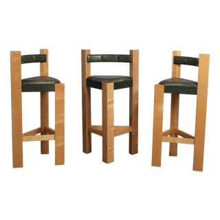 Architectural Wood and Leather Bar Stools, Netherlands, 1990s, Set of 3 For Sale