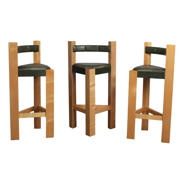 Architectural Wood and Leather Bar Stools, Netherlands, 1990s, Set of 3 For Sale