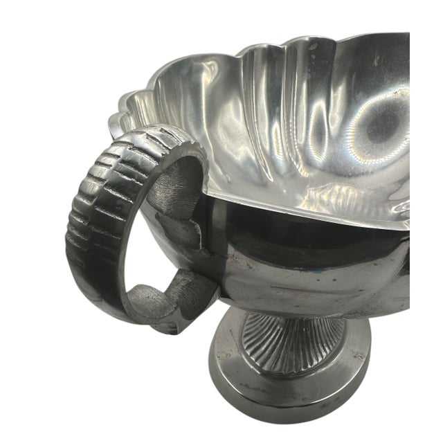 Vintage Pewter Pedestal Centerpiece Bowl With Scalloped Rim and Scrolled Handles For Sale - Image 9 of 10