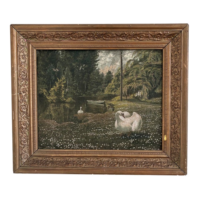 Antique Original Swan Oil Painting, Framed Garden Landscape Art For Sale