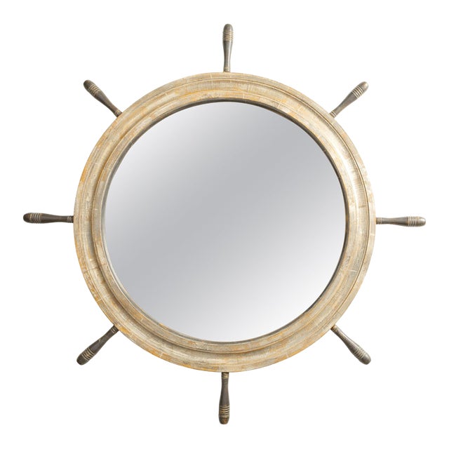 English Midcentury Period Ship Wheel Shaped Mirror with Distressed Patina For Sale