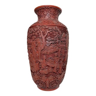 Large Antique 19th Century Chinese Carved Red Lacquer Cinnabar Figural Vase Urn For Sale
