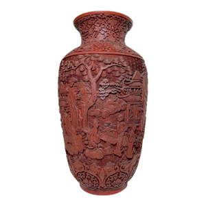Large Antique 19th Century Chinese Carved Red Lacquer Cinnabar Figural Vase Urn