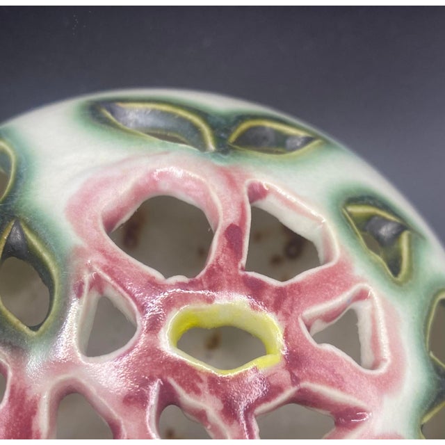 Clouds Folsom Pottery 1989 Sphere Orb Vase Floral Cutout Studio Art Signed 5" For Sale In Rochester - Image 6 of 8