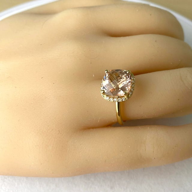 Cushion-Shaped Morganite Diamond 4.50 Carat 14 Karat Yellow Gold Halo Setting Ring Finger Size 6.75 For Sale - Image 11 of 11