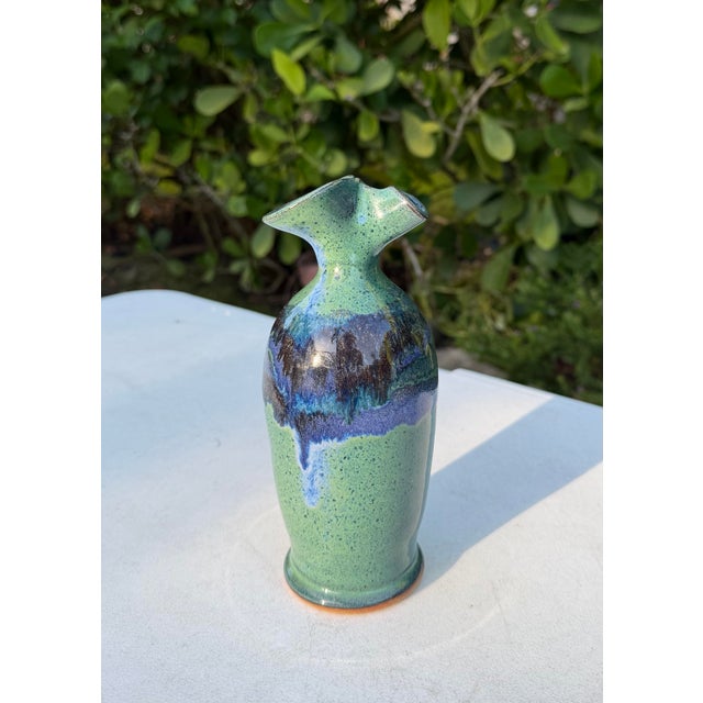 Celadon Vintage 7.5” Studio Pottery Vase With Sculptural Flared Rim For Sale - Image 8 of 10