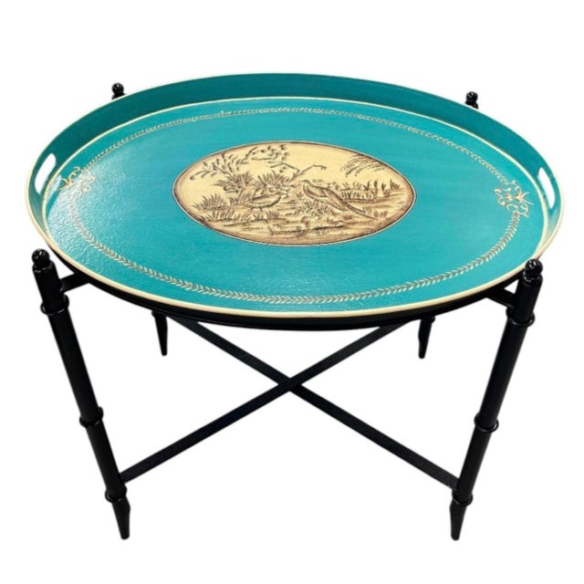 Chinoiserie Vintage Chinoiserie-Style Teal and Black Metal Tray Table For Sale - Image 3 of 11