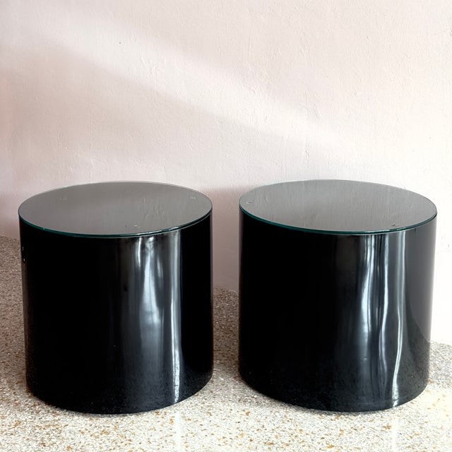 Postmodern Glass-Topped Black Rolling Cylinder Side Tables For Sale - Image 4 of 10