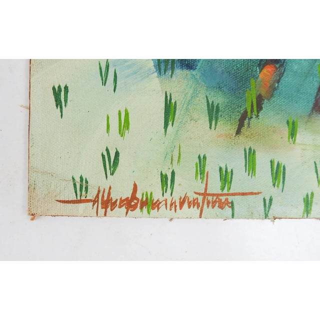 Vintage mid 20th century oil on canvas on wood panel painting of workers in a rice field. Signed illegibly lower left...