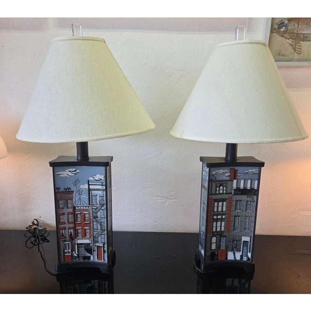 Maurice Heaton Maurice Heaton Brownstone Enameled Glass Lamps - A Pair For Sale - Image 4 of 12