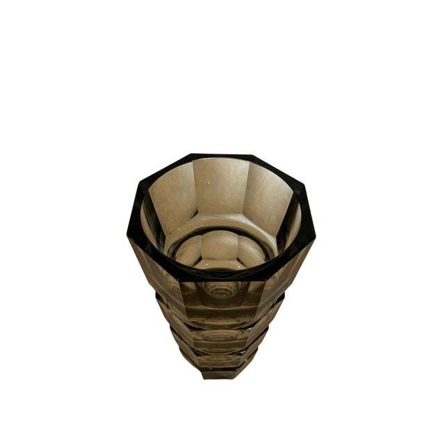 Josef Hoffmann Vintage Art Deco Faceted Octagonal Crystal Vase Smokey Topaz/Gray Attributed to Josef Hoffmann for Moser For Sale - Image 4 of 12