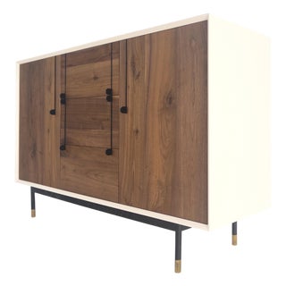 White Lacquer & Walnut 3 Drawer Two Compartments Credenza Mid Century MINT For Sale