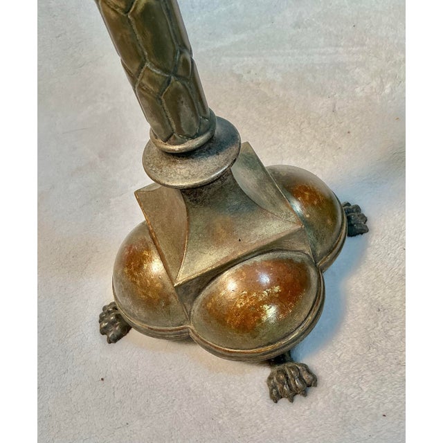 Metal Pair Antique Decorated 29" Tall Solid Brass Floor Candle Stands Candlesticks Candle Holders, Circa 18th-19th Century For Sale - Image 7 of 12