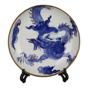 Chinese Vintage Ceramic Plate,Qing Dynasty Kangxi Marked Blue and White Underglaze Red Porcelain Plate Hand Painted Figures Pattern