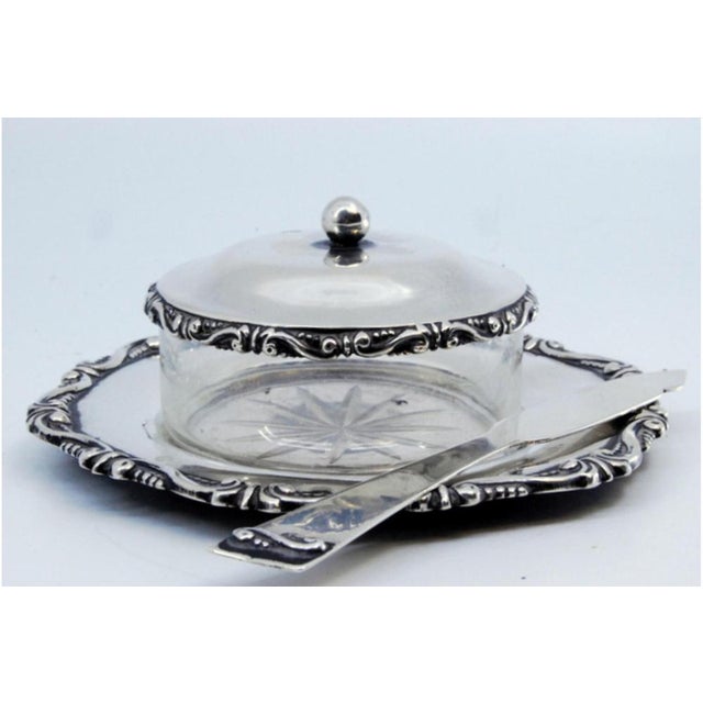 Butter Dish in Embossed Silver with Cut Glass Core, Knob Lid and Knife For Sale - Image 4 of 9