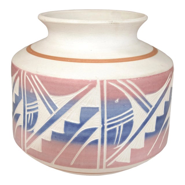 1990 Signed Vintage Southwestern Abstract Folk Art Vase Ceramic Pottery Earth Color For Sale