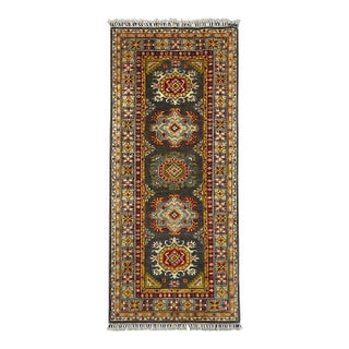 Charcoal Gray and Blue Chobi Wool Runner Rug With Tribal Medallions, 2'9" X 6'5" For Sale