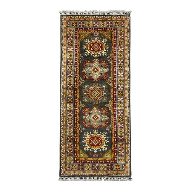 Charcoal Gray and Blue Chobi Wool Runner Rug With Tribal Medallions, 2'9" X 6'5" For Sale