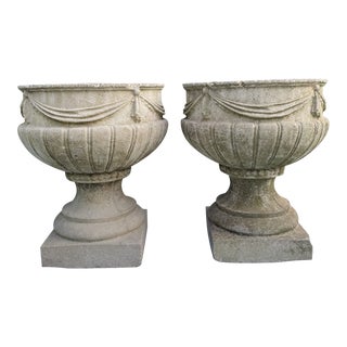 Mid Century Neoclassical Concrete Garden Urn Planters - a Pair For Sale