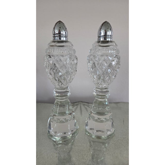 Vintage Tall Faceted Crystal-Glass Salt and Pepper Shakers With Silver-Tone Caps For Sale - Image 4 of 16