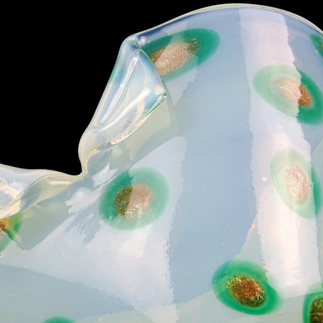 Mid 20th Century Vintage Fratelli Toso Murano Opalescent White Green Aventurine Spots Italian Art Glass Cut Rim Bowl For Sale - Image 5 of 12
