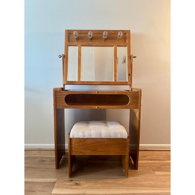 Mid 20th Century Mid 20th Century Oak Vanity Table With Lighted Adjustable Top Mirror and Upholstered Bench For Sale - Image 5 of 17