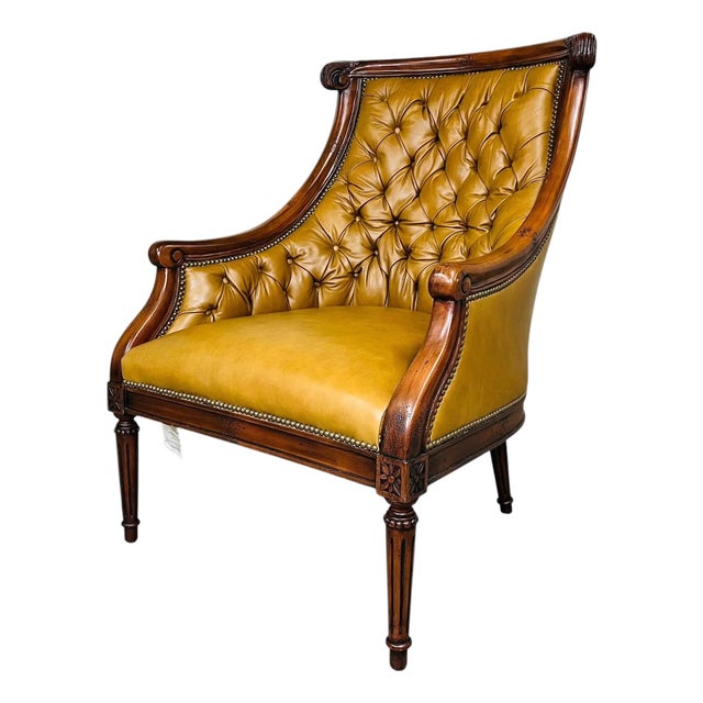 Louis XVI Style Tufted Golden Cognac Leather Lounge Chair by Old Hickory Tannery For Sale